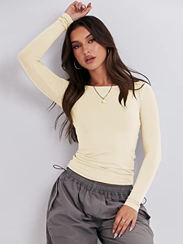 ANRABESS Women Long Sleeve Slim Fit Crop Top Going Out Tight Y2K Tshirt Trendy Basics Tees Streetwear Workout Athletic 2023 Fashion Clothes 1029xingse-S Apricot