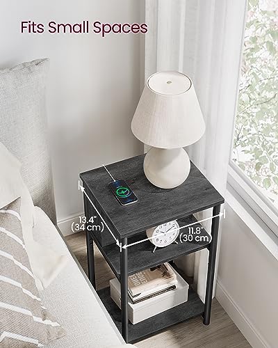 VASAGLE Side Table with Charging Station, 3-Tier End Table with USB Ports and Outlets, Nightstand for Living Room, Bedroom, 11.8 x 13.4 x 22.8 Inches, Plug-in Series, Misty Gray and Black ULET373B68