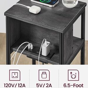 VASAGLE Side Table with Charging Station, 3-Tier End Table with USB Ports and Outlets, Nightstand for Living Room, Bedroom, 11.8 x 13.4 x 22.8 Inches, Plug-in Series, Misty Gray and Black ULET373B68