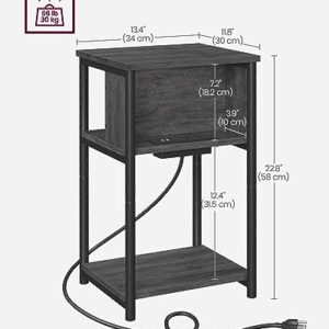 VASAGLE Side Table with Charging Station, 3-Tier End Table with USB Ports and Outlets, Nightstand for Living Room, Bedroom, 11.8 x 13.4 x 22.8 Inches, Plug-in Series, Misty Gray and Black ULET373B68