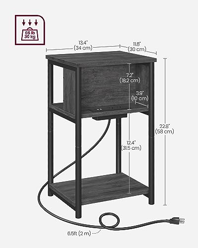 VASAGLE Side Table with Charging Station, 3-Tier End Table with USB Ports and Outlets, Nightstand for Living Room, Bedroom, 11.8 x 13.4 x 22.8 Inches, Plug-in Series, Misty Gray and Black ULET373B68