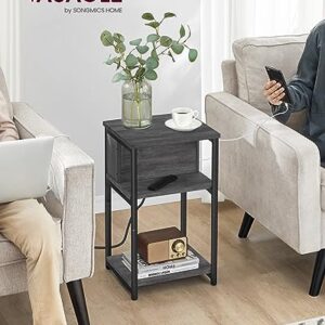 VASAGLE Side Table with Charging Station, 3-Tier End Table with USB Ports and Outlets, Nightstand for Living Room, Bedroom, 11.8 x 13.4 x 22.8 Inches, Plug-in Series, Misty Gray and Black ULET373B68