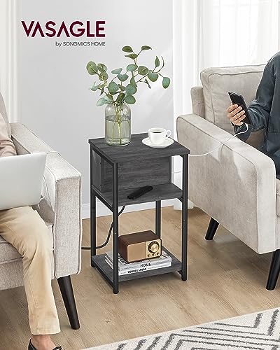 VASAGLE Side Table with Charging Station, 3-Tier End Table with USB Ports and Outlets, Nightstand for Living Room, Bedroom, 11.8 x 13.4 x 22.8 Inches, Plug-in Series, Misty Gray and Black ULET373B68