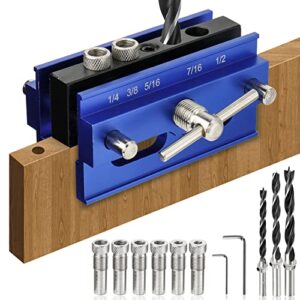fragraty dowel jig, self centering dowel jig kit with 6 drill guide bushings, adjustable width doweling jig kit for straight holes woodworking locator joints tools, blue (d888)