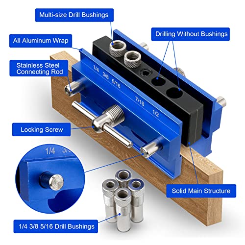 Fragraty Dowel Jig, Self Centering Dowel Jig Kit With 6 Drill Guide Bushings, Adjustable Width Doweling Jig Kit for Straight Holes Woodworking Locator Joints Tools, Blue (D888)