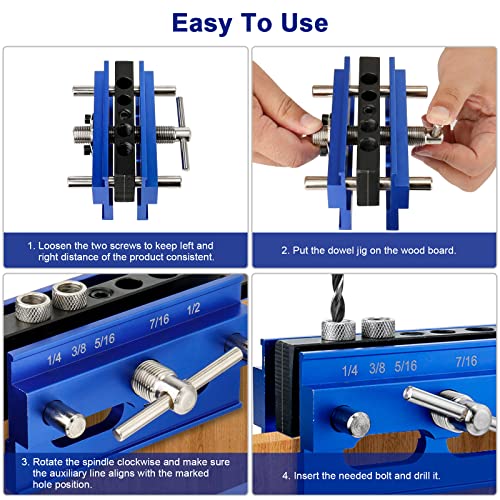 Fragraty Dowel Jig, Self Centering Dowel Jig Kit With 6 Drill Guide Bushings, Adjustable Width Doweling Jig Kit for Straight Holes Woodworking Locator Joints Tools, Blue (D888)