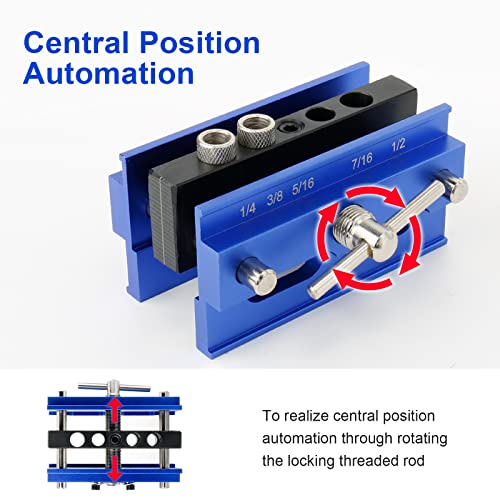 Fragraty Dowel Jig, Self Centering Dowel Jig Kit With 6 Drill Guide Bushings, Adjustable Width Doweling Jig Kit for Straight Holes Woodworking Locator Joints Tools, Blue (D888)