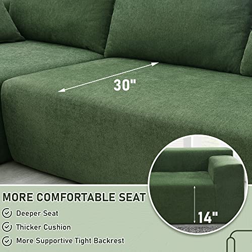 DEINPPA Modern Minimalist Style Modular Sofa Couch with Pillows, Deep Sectional Sofa Furniture Set, 4-Seater Chenille L-Shaped Sofa for Living Room Reception Room-Green