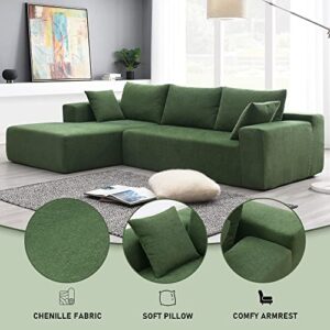 DEINPPA Modern Minimalist Style Modular Sofa Couch with Pillows, Deep Sectional Sofa Furniture Set, 4-Seater Chenille L-Shaped Sofa for Living Room Reception Room-Green