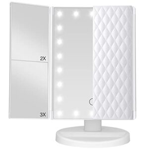 tikenso trifold vanity mirror with lights，tabletop mount makeup mirror with lights and 1x/2x/3x magnification 21led mirror touch screen two power supply modes make up mirror