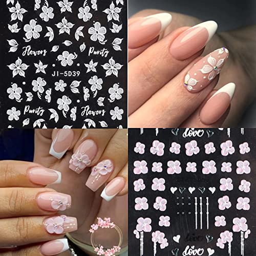 YOSOMK 6 Sheets Flower Nail Sticker for Nail Art 5D Embossed Engraved Nail Decals White Pink Spring Summer Nail Supplies Accessories Floral Pegatinas Uñas Nail Decoration for Women Nail Design