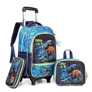 MYHSBYO Rolling Backpack Boys Kids Rolling Backpack Dinosaur Backpack with Wheels for Boys Wheeled Backpack Carry on Luggage Bookbag with Roller Set for Elementary