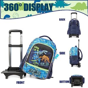 MYHSBYO Rolling Backpack Boys Kids Rolling Backpack Dinosaur Backpack with Wheels for Boys Wheeled Backpack Carry on Luggage Bookbag with Roller Set for Elementary