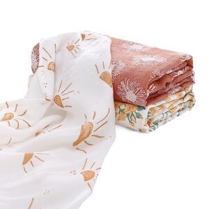 lat 3 pack muslin swaddle blankets,soft bamboo cotton breathable wraps for baby,large 43 x 59 inches,unisex for boys & girls newborn,infant shower and wearable swaddling set(sun flowers)