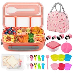 haimst bento lunch box, 28pcs lunch box accessories for kids adult 1300ml leak proof bento box 4 compartments lunch container with cookie cutters silicone cupcake liners lunch bag fruit forks pink