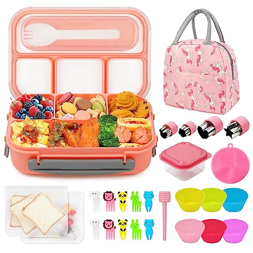 HAIMST Bento Lunch Box, 28Pcs Lunch Box Accessories for Kids Adult 1300ML Leak Proof Bento Box 4 Compartments Lunch Container with Cookie Cutters Silicone Cupcake Liners Lunch Bag Fruit Forks Pink