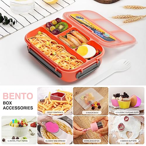 HAIMST Bento Lunch Box, 28Pcs Lunch Box Accessories for Kids Adult 1300ML Leak Proof Bento Box 4 Compartments Lunch Container with Cookie Cutters Silicone Cupcake Liners Lunch Bag Fruit Forks Pink