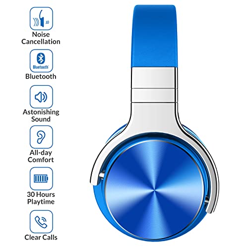 Silensys E7 PRO Active Noise Cancelling Headphones Bluetooth Headphones with Microphone Deep Bass Wireless Headphones Over Ear, Comfortable Fit, 30H Playtime for TV/Computer/Cellphone, Blue