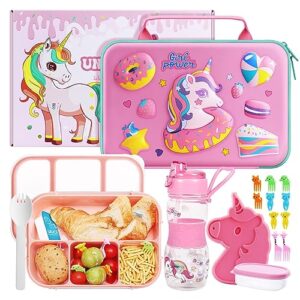 qearfun insulated unicorn lunch bag bento box for girls,lunch box set with 4 compartment bento box water bottle ice pack salad container food picks,perfect kids lunch boxes for school age 7-15