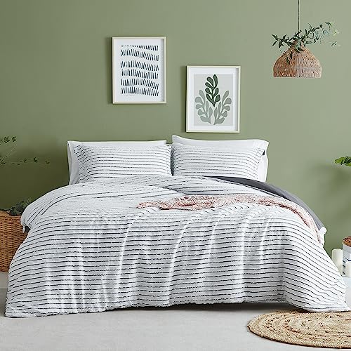 WRENSONGE Duvet Cover Queen, White Boho Duvet Cover Set with Zipper Closure, 3 Pieces Soft Washed Striped Tufted Bedding Duvet Covers for All Season (90"x90")