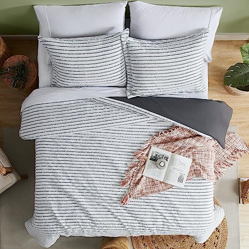 WRENSONGE Duvet Cover Queen, White Boho Duvet Cover Set with Zipper Closure, 3 Pieces Soft Washed Striped Tufted Bedding Duvet Covers for All Season (90"x90")