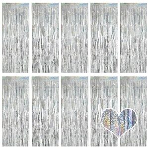 10 pack silver backdrop curtain 3.2ft x 8.2ft metallic tinsel foil fringe curtains photo booth background for birthday party decoration baby shower engagement wedding christmas decoration (silver)
