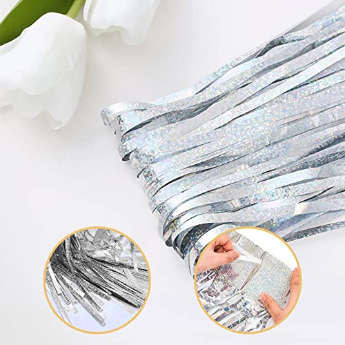 10 Pack Silver Backdrop Curtain 3.2ft x 8.2ft Metallic Tinsel Foil Fringe Curtains Photo Booth Background for Birthday Party Decoration Baby Shower Engagement Wedding Christmas Decoration (Silver)