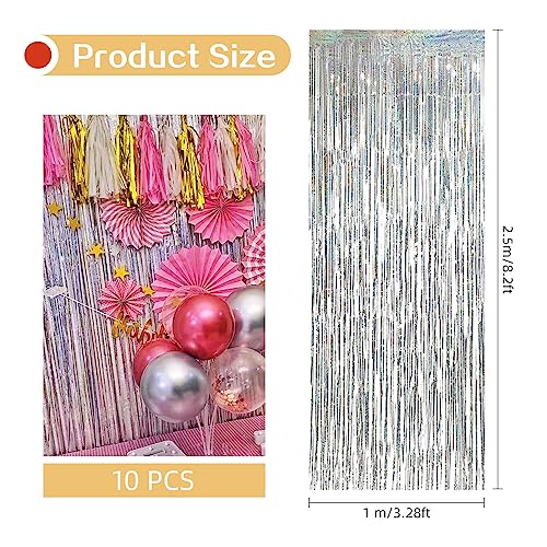 10 Pack Silver Backdrop Curtain 3.2ft x 8.2ft Metallic Tinsel Foil Fringe Curtains Photo Booth Background for Birthday Party Decoration Baby Shower Engagement Wedding Christmas Decoration (Silver)