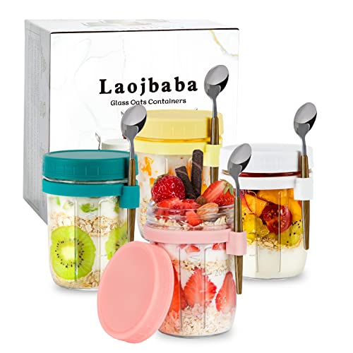 Laojbaba Overnight Oats Containers with Lid and Spoon 16oz Overnight Oats Jars with Lid 4 Pack Large Capacity Airtight Jars for Milk, Cereal, Fruit (Yellow,White,Pink,Green(Pack of 4))