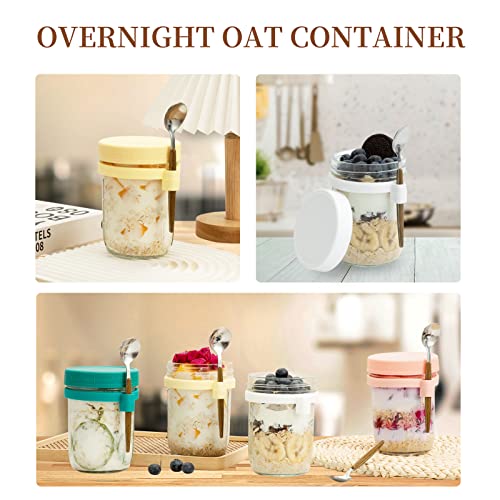Laojbaba Overnight Oats Containers with Lid and Spoon 16oz Overnight Oats Jars with Lid 4 Pack Large Capacity Airtight Jars for Milk, Cereal, Fruit (Yellow,White,Pink,Green(Pack of 4))