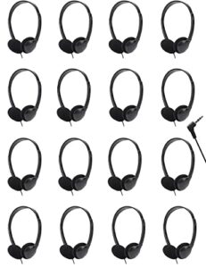 qwerdf 16 packs headphones bulk for classrooms kids students on ear disposable black earphones class set wired individually bagged for school library office