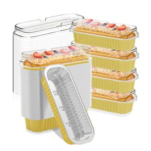 50 pack aluminum foil mini loaf pans with lids, 6.8oz disposable aluminum foil ramekins baking cups, rectangle cupcake baking cups for bread muffin cheesecake, gold