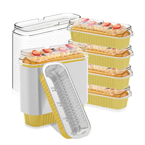 50 Pack Aluminum Foil Mini Loaf Pans With Lids, 6.8oz Disposable Aluminum Foil Ramekins Baking Cups, Rectangle Cupcake Baking Cups for Bread Muffin Cheesecake, Gold