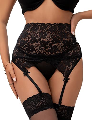 ohmydear Plus Size Lace Garter Belts High Waisted Suspender Belt Sets with 4 Straps for Thigh High Stockings Black M-L