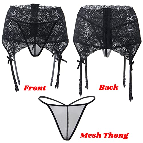 ohmydear Plus Size Lace Garter Belts High Waisted Suspender Belt Sets with 4 Straps for Thigh High Stockings Black M-L