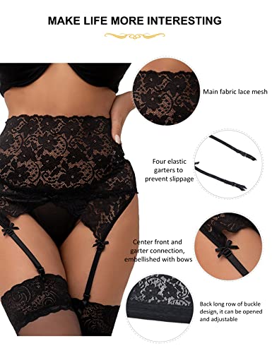 ohmydear Plus Size Lace Garter Belts High Waisted Suspender Belt Sets with 4 Straps for Thigh High Stockings Black M-L