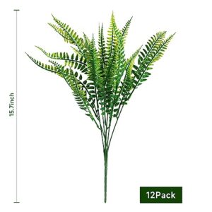 Jelofly 12 Bundles Artificial Boston Fern Plants Fake Ferns Faux Plants Shrubs Greenery Outdoor UV Resistant No Fade Garden Porch Window Box Decor