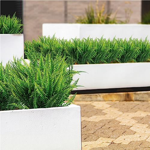 Jelofly 12 Bundles Artificial Boston Fern Plants Fake Ferns Faux Plants Shrubs Greenery Outdoor UV Resistant No Fade Garden Porch Window Box Decor