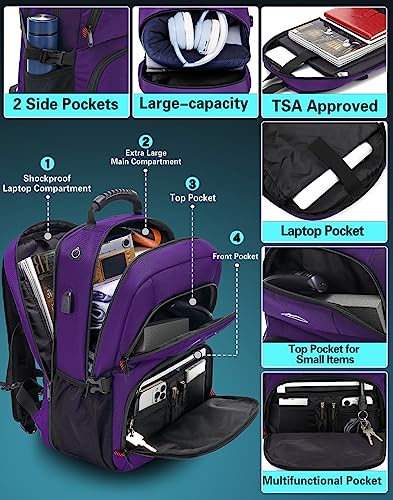 ProEtrade Travel Backpack, Extra Large Laptop Backpack School Business Anti Theft TSA Approved College Work Computer Bag Fits 17 Inch Laptop with USB Charging Port Bookbag for Women Men(Purple)