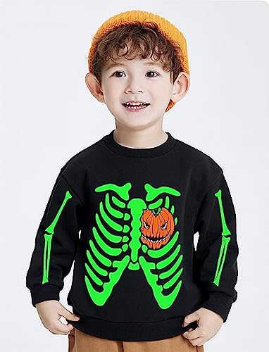 TBBCWWQY Boys Glow in Dark Skeleton Sweatshirt Kids Halloween Toddler Pumpkin Tops for 5-6T