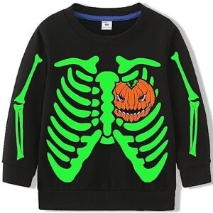 TBBCWWQY Boys Glow in Dark Skeleton Sweatshirt Kids Halloween Toddler Pumpkin Tops for 5-6T