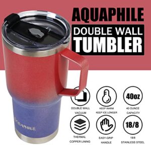 AQUAPHILE 30oz Tumbler with handle, Vacuum Stainless Steel Tumbler with Lid and straws, Reusable Insulated Water Bottle Fits in Cup Holder, Portable Travel Coffee Mug for Hot/Cold Drinks(Red/Blue)