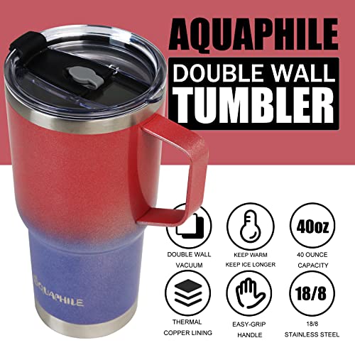 AQUAPHILE 30oz Tumbler with handle, Vacuum Stainless Steel Tumbler with Lid and straws, Reusable Insulated Water Bottle Fits in Cup Holder, Portable Travel Coffee Mug for Hot/Cold Drinks(Red/Blue)