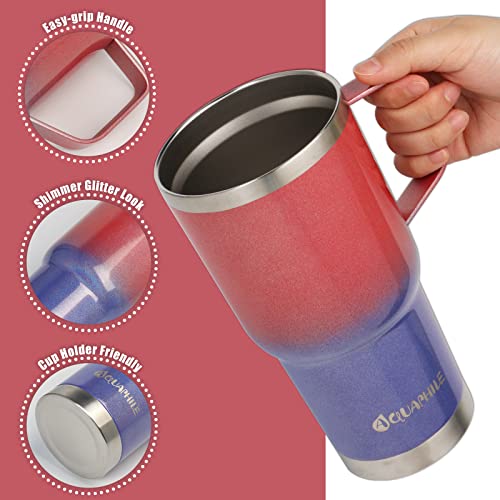 AQUAPHILE 30oz Tumbler with handle, Vacuum Stainless Steel Tumbler with Lid and straws, Reusable Insulated Water Bottle Fits in Cup Holder, Portable Travel Coffee Mug for Hot/Cold Drinks(Red/Blue)