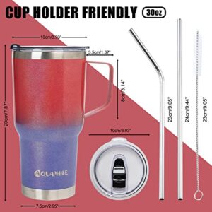 AQUAPHILE 30oz Tumbler with handle, Vacuum Stainless Steel Tumbler with Lid and straws, Reusable Insulated Water Bottle Fits in Cup Holder, Portable Travel Coffee Mug for Hot/Cold Drinks(Red/Blue)