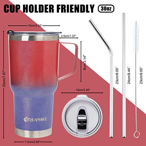 AQUAPHILE 30oz Tumbler with handle, Vacuum Stainless Steel Tumbler with Lid and straws, Reusable Insulated Water Bottle Fits in Cup Holder, Portable Travel Coffee Mug for Hot/Cold Drinks(Red/Blue)