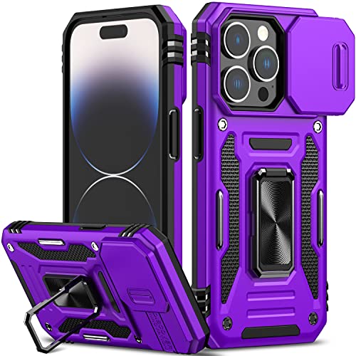 Nvollnoe for iPhone 14 Pro Case with Slide Camera Cover Drop Tested Military Grade Heavy Duty Protective Durable Sturdy Rotate Ring Kickstand Phone Case for iPhone 14 Pro(Purple)