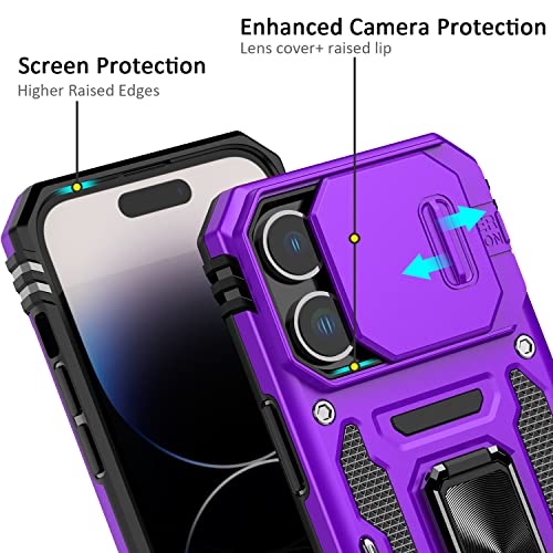 Nvollnoe for iPhone 14 Pro Case with Slide Camera Cover Drop Tested Military Grade Heavy Duty Protective Durable Sturdy Rotate Ring Kickstand Phone Case for iPhone 14 Pro(Purple)