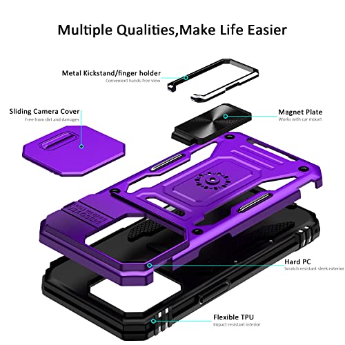 Nvollnoe for iPhone 14 Pro Case with Slide Camera Cover Drop Tested Military Grade Heavy Duty Protective Durable Sturdy Rotate Ring Kickstand Phone Case for iPhone 14 Pro(Purple)