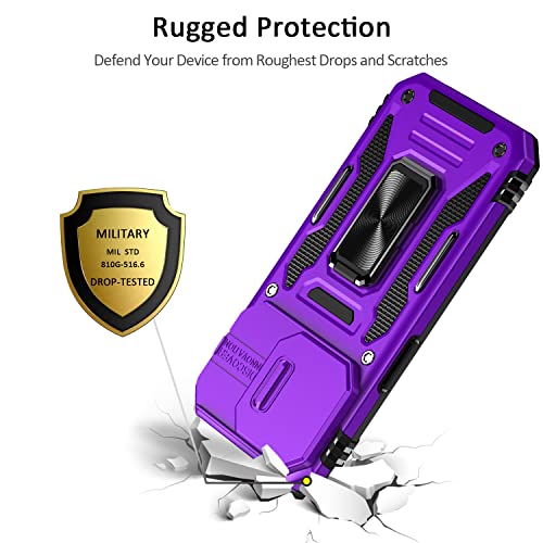 Nvollnoe for iPhone 14 Pro Case with Slide Camera Cover Drop Tested Military Grade Heavy Duty Protective Durable Sturdy Rotate Ring Kickstand Phone Case for iPhone 14 Pro(Purple)